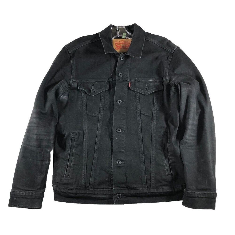 Levis Jean Jacket Mens Medium Black Denim Stretch Trucker Biker Rancher Type 3
